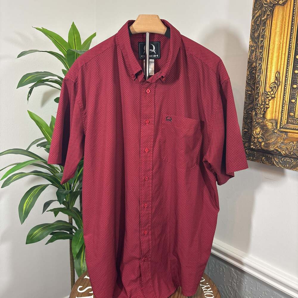 Cinch Men's Red Geometric Print Short Sleeve Button Down Western Shirt - L